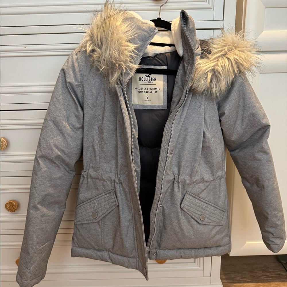 Hollister Light Gray Jacket with Faux Fur Hood